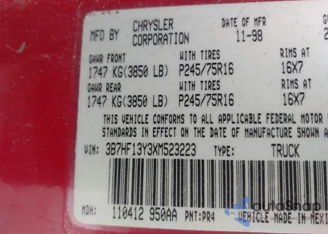 1999 Dodge Ram 1500 St from USA, damaged, VIN 3B7HF13Y3XM523223